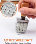 Super Handy Self Inking Roller Date Stamp for clear date printing, showcasing roller mechanism and wooden handle, ideal for crafts.
