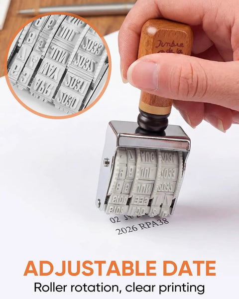 Super Handy Self Inking Roller Date Stamp for clear date printing, showcasing roller mechanism and wooden handle, ideal for crafts.
