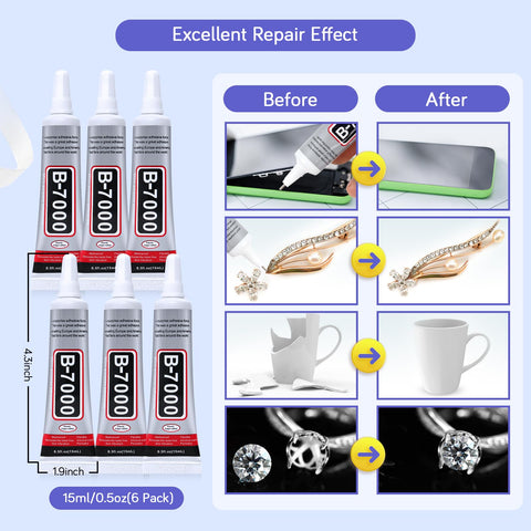 Clear Jewelry Glue 6 Pack 15ML B7000 Waterproof Adhesive For Rhinestones And DIY Projects, shown with repair examples