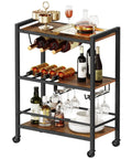 Slick 3 Tier Rolling Bar Cart With Ultra Smooth Swivel Wheels Rustic Brown Finish Includes Double Wine Rack And Stemware Holder showcasing drinks and glassware.