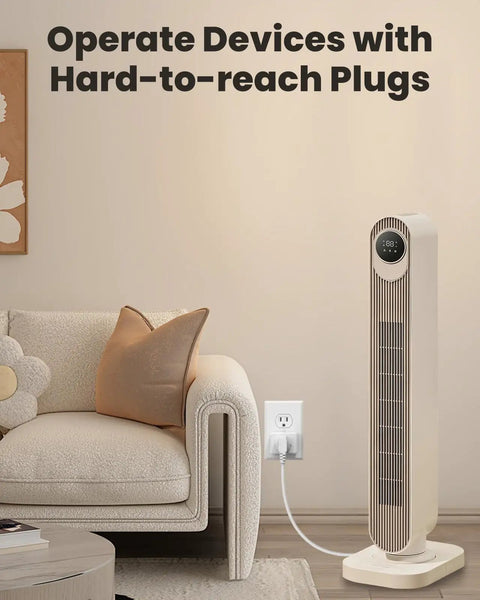 Remote Control Outlet Switch With Wall Mount installed behind a sofa controlling a standing fan in a living room.