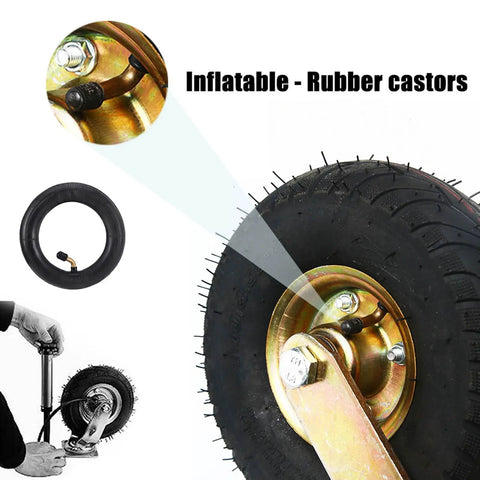 Kick Some Serious Weight With These Heavy Duty Swivel Caster Wheels Featuring Flat Free Solid Rubber Build Steel Hub And Precision Ball Bearings For Smooth Silent Glide And Rock Solid Reliability On Any Floor Or Cart Setup Easy Peasy, close-up of rubber tire and steel hub.