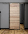 6Ft Stainless Steel Flat Roller Ceiling Mount Sliding Barn Door Hardware Kit Installed with Wooden Door