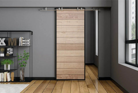 6Ft Stainless Steel Flat Roller Ceiling Mount Sliding Barn Door Hardware Kit Installed with Wooden Door