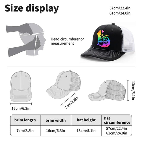 Pet Lover Trucker Cap For Women And Men With Humorous Style, size and dimensions chart displayed