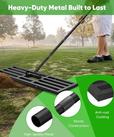 40x10 Inch Lawn Leveling Rake With Upgraded Heavy Duty Reinforced Connection And Adjustable Long Handle Garden Leveler Tool in use on lawn