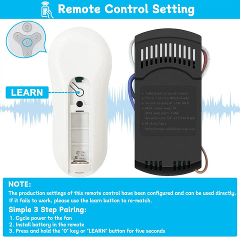 Remote Ceiling Fan Control Kit With 3 Speed Settings And Separate Light Dimmer, installation steps, black receiver, white remote