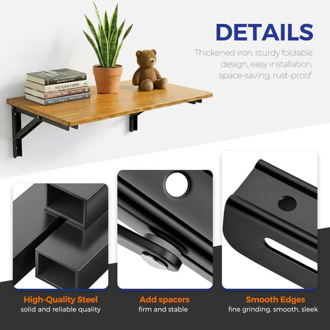 Rock Solid Folding Shelf Brackets 16 Inch Set Of 4 Black Stainless Steel wall mount displaying a shelf with plants and books.