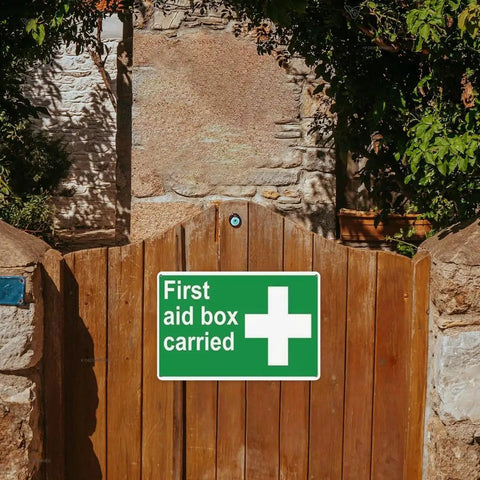 Heavy Duty 12x8 Inch Aluminum Tin Sign For Warning First Aid Box Safety Notice on wooden gate outdoors