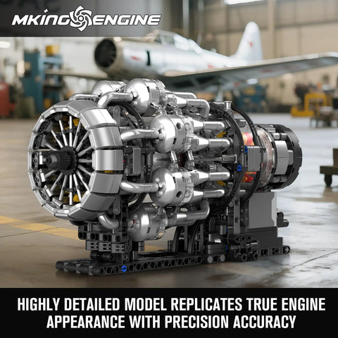Aircraft Jet Engine Model Kit for Adults and Teens, close-up of motorized turbojet demonstration with real spinning compressor in hangar