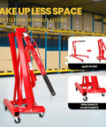 Heavy Duty 2 Ton Engine Hoist With Retractable Telescopic Boom And Six Rolling Caster Wheels Portable Hydraulic Cherry Picker folded for easy storage.