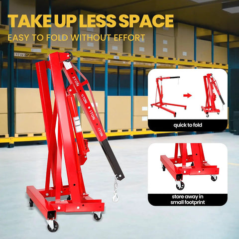 Heavy Duty 2 Ton Engine Hoist With Retractable Telescopic Boom And Six Rolling Caster Wheels Portable Hydraulic Cherry Picker folded for easy storage.
