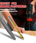 UYECOVE 14-piece screw extractor set with left-hand drill bits; gray and gold extractors beside a cordless drill.