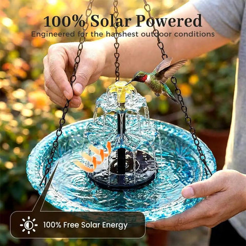 Man holding Solar Powered Hanging Bird Bath Fountain For Outdoor Gardens And Patios, Eco Friendly Water Cascade, blue bowl