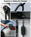 Heavy Duty 40A Level 2 Electric Vehicle Charger With Smart App Tracking For Tesla All Car Brands ETL Approved with waterproof design.