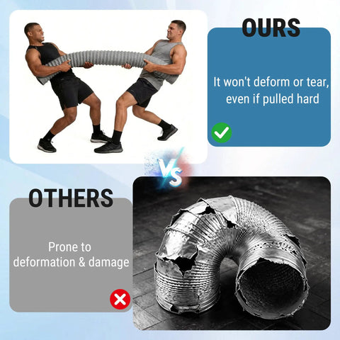 Comparison of strong, durable dryer vent hose vs damaged flexible vent, highlighting Magnetic Dryer Vent Connector With Quick Connect