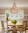 Dining room with Six Light Farmhouse Boho Wood Bead Chandelier Modern Natural Wooden Beaded Pendant Light Fixture E12.