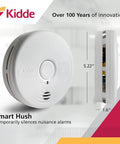 Smoke And CO Alarm Combo With 10 Year Battery Replacement Alert For Home Safety Photoelectric And Electrochemical Sensors Easy Install Kit 4 Count Pack Today showing size and smart hush feature.