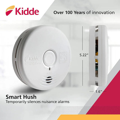 Smoke And CO Alarm Combo With 10 Year Battery Replacement Alert For Home Safety Photoelectric And Electrochemical Sensors Easy Install Kit 4 Count Pack Today showing size and smart hush feature.