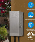 Outdoor 200W Low Voltage Landscape Transformer with stainless steel weatherproof housing mounted on wall in rain.