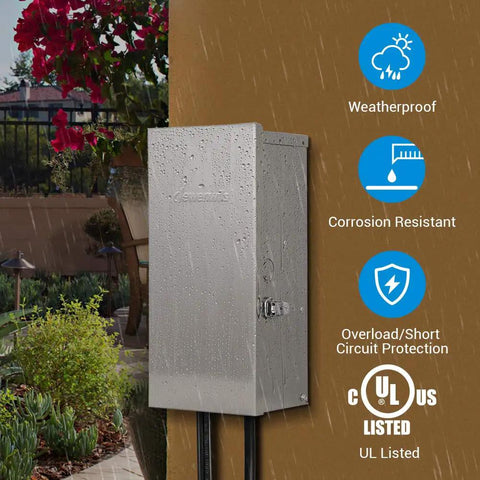 Outdoor 200W Low Voltage Landscape Transformer with stainless steel weatherproof housing mounted on wall in rain.
