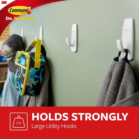 Large Utility Hook Mega Pack 14 Count for No Fuss Damage Free Hanging holds coats and bags on painted wall.