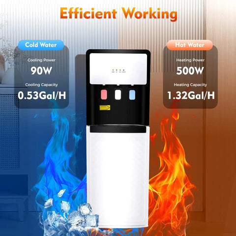 Bottom Loading Water Dispenser With Heating And Cooling Three Temperature Settings 500 Watt And 75 Watt Power Delivers 1.32 Gal Per Hour Hot Water Energy Efficient Home And Office Cooler White, flames and ice visibility