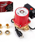 Real Deal Bronze Circulator Pump For Hot Water Recirculation And Hydronic Heating Systems With Tough As Nails Housing And Smooth Operator 115 Volt Drive Replacement, red and gold 115V pump with attachments.