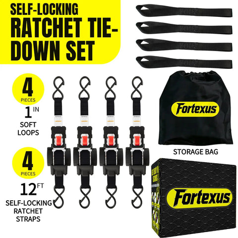 Hardcore Heavy Duty Retractable Ratchet Straps 1 Inch By 12 Feet Auto Tie Down With 1760 Lb Break Strength No Frills Cargo Hauler For Atv Trailer Motorcycle Pickup Truck Utv Kayak 4 Pack and storage bag.