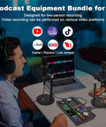 Two Person Podcast Gear Bundle With Dual Audio Mixer And Condenser Mics for live streaming, featuring headphones and mixer.