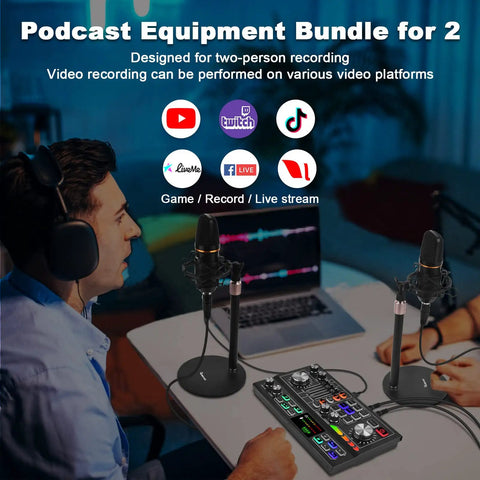 Two Person Podcast Gear Bundle With Dual Audio Mixer And Condenser Mics for live streaming, featuring headphones and mixer.