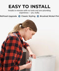 Person installing Brushed Nickel Side Mount Toilet Handle Replacement Kit on side-mount tank, easy to install.