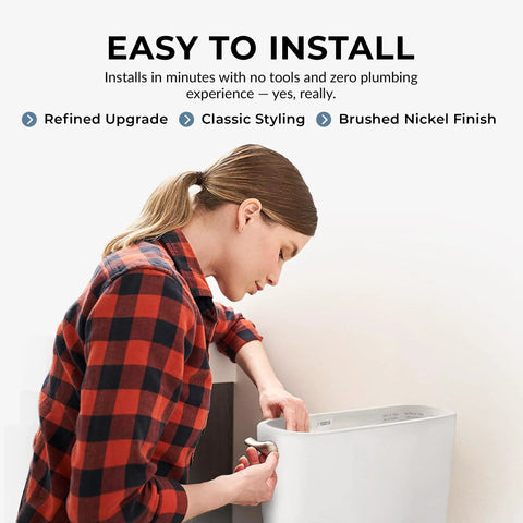Person installing Brushed Nickel Side Mount Toilet Handle Replacement Kit on side-mount tank, easy to install.