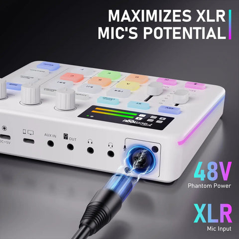 G9 Audio Mixer For Streaming And Podcasting RGB PC Mixer With XLR Interface Volume Fader Mute Button 48V Phantom Power Soundboard