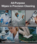 AAwipes double-knit polyester wipes, 9x9 in, 120 GSM, laser-sealed edge, 150 pcs/bag; cleanroom and lab use collage