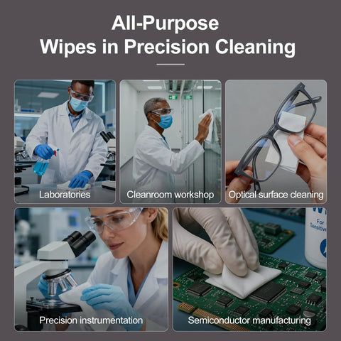 AAwipes double-knit polyester wipes, 9x9 in, 120 GSM, laser-sealed edge, 150 pcs/bag; cleanroom and lab use collage