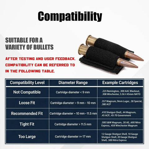 Six Pack Bullet Holders For Rifle Ammo Two Round Cartridge Reloader Pouches With Adhesive Backing compatibility chart