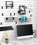 40 Piece Slatwall Accessories Kit With Two Shelves, Six Storage Bins, Bin Hooks, Fifteen Slatwall Hooks In 4, 6 And 8, One Slatwall Basket, Five Double Ring Tool Holders And Five Plier Holders For Garage And Home Organization shown installed