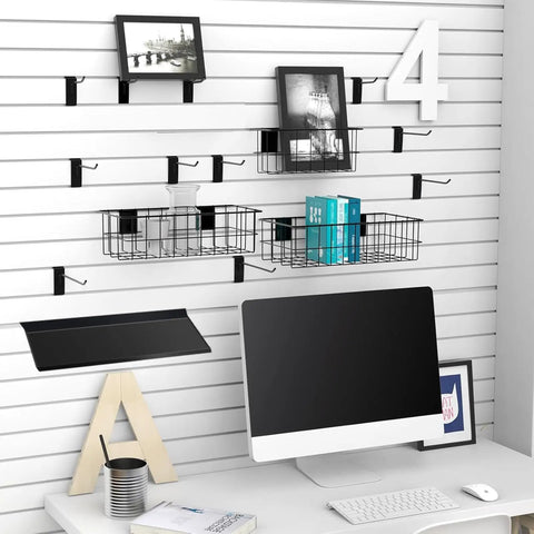 40 Piece Slatwall Accessories Kit With Two Shelves, Six Storage Bins, Bin Hooks, Fifteen Slatwall Hooks In 4, 6 And 8, One Slatwall Basket, Five Double Ring Tool Holders And Five Plier Holders For Garage And Home Organization shown installed