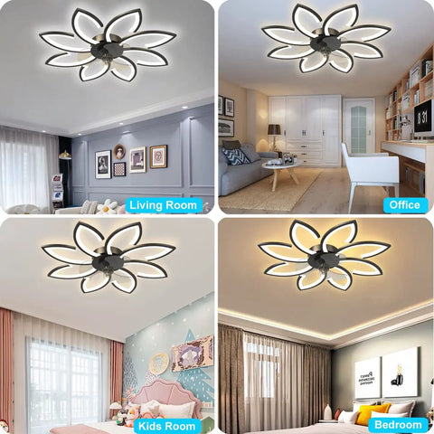 35 Inch Bladeless Ceiling Fan With Lights And Remote, Modern Low Profile Flush Mount LED, shown in living, office, kids, bedroom