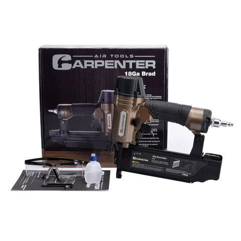 Heavy Duty Pneumatic Brad Nailer Delivers Top Notch Performance With No Hassle, featuring accessories and packaging.