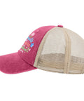 Side view of Womens Vintage Summer Trucker Cap with Adjustable Buckle, pink garden design, mesh back, for running, hiking, outdoor wear.