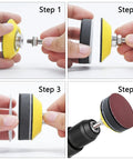 Four steps showing assembly of 240 Piece 2 Inch Sanding Discs Pad Kit With Backer Plate And Soft Foam Buffers Pro Grade.