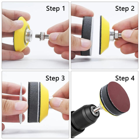 Four steps showing assembly of 240 Piece 2 Inch Sanding Discs Pad Kit With Backer Plate And Soft Foam Buffers Pro Grade.