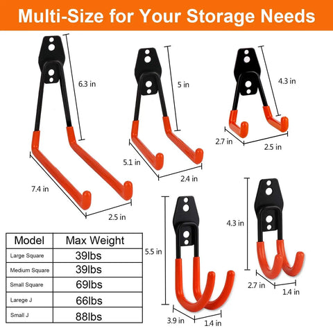 Heavy Duty Garage Hooks 10 Pack Steel Wall Mount Tool Hangers For Organizing Ladders Power Tools Shovels Ropes And Bulk Gear Rust Resistant Each Holds 40 Lbs When Properly Installed multi-size dimensions and weights chart