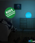 Bedroom with 6-Inch RGB LED Globe Orb Light in blue on cabinet, remote controlled, for kids, IP65 waterproof mood lamp