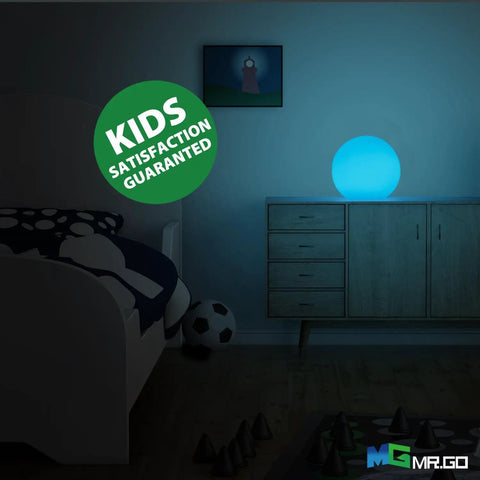 Bedroom with 6-Inch RGB LED Globe Orb Light in blue on cabinet, remote controlled, for kids, IP65 waterproof mood lamp