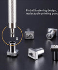 Pinball fastening design of 65 Piece Leather Craft Tools Kit With Stamping Punches and replaceable printing punch shown on black surface.