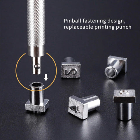 Pinball fastening design of 65 Piece Leather Craft Tools Kit With Stamping Punches and replaceable printing punch shown on black surface.