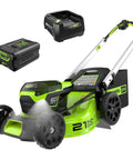 60V 21 Inch Brushless Cordless Lawn Mower Push With 5.0Ah Battery Gas Like Power For Half Acre Rapid Charger 4 In 1 Mulching Bagging Side Discharge LED Lights IPX4 showing mower, battery, and charger